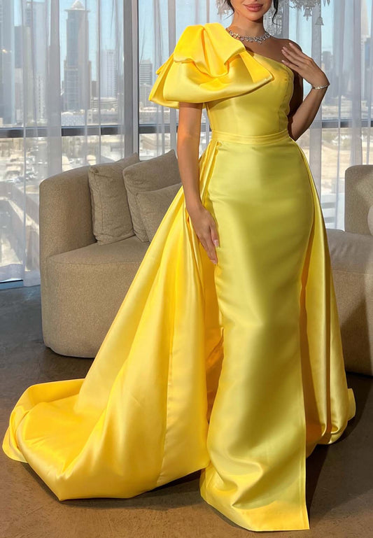 Yellow One Shoulder Sleeveless Evening Dress Sheath Sweep Train Satin Formal Dress
