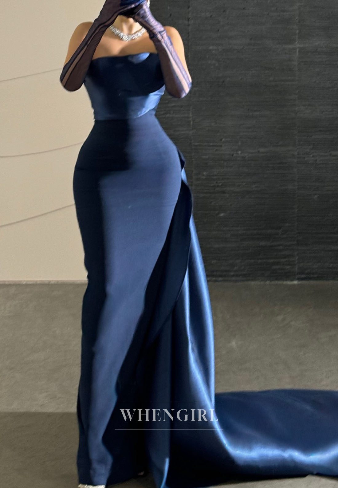 Navy Tube Top Sleeveless Side Train Sheath Evening Dress