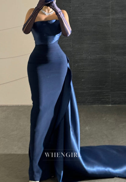 Navy Tube Top Sleeveless Side Train Sheath Evening Dress