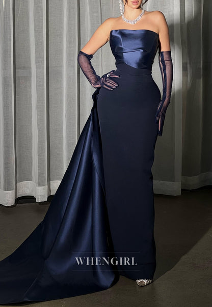 Navy Tube Top Sleeveless Side Train Sheath Evening Dress