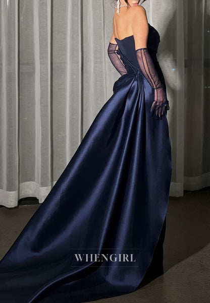 Navy Tube Top Sleeveless Side Train Sheath Evening Dress
