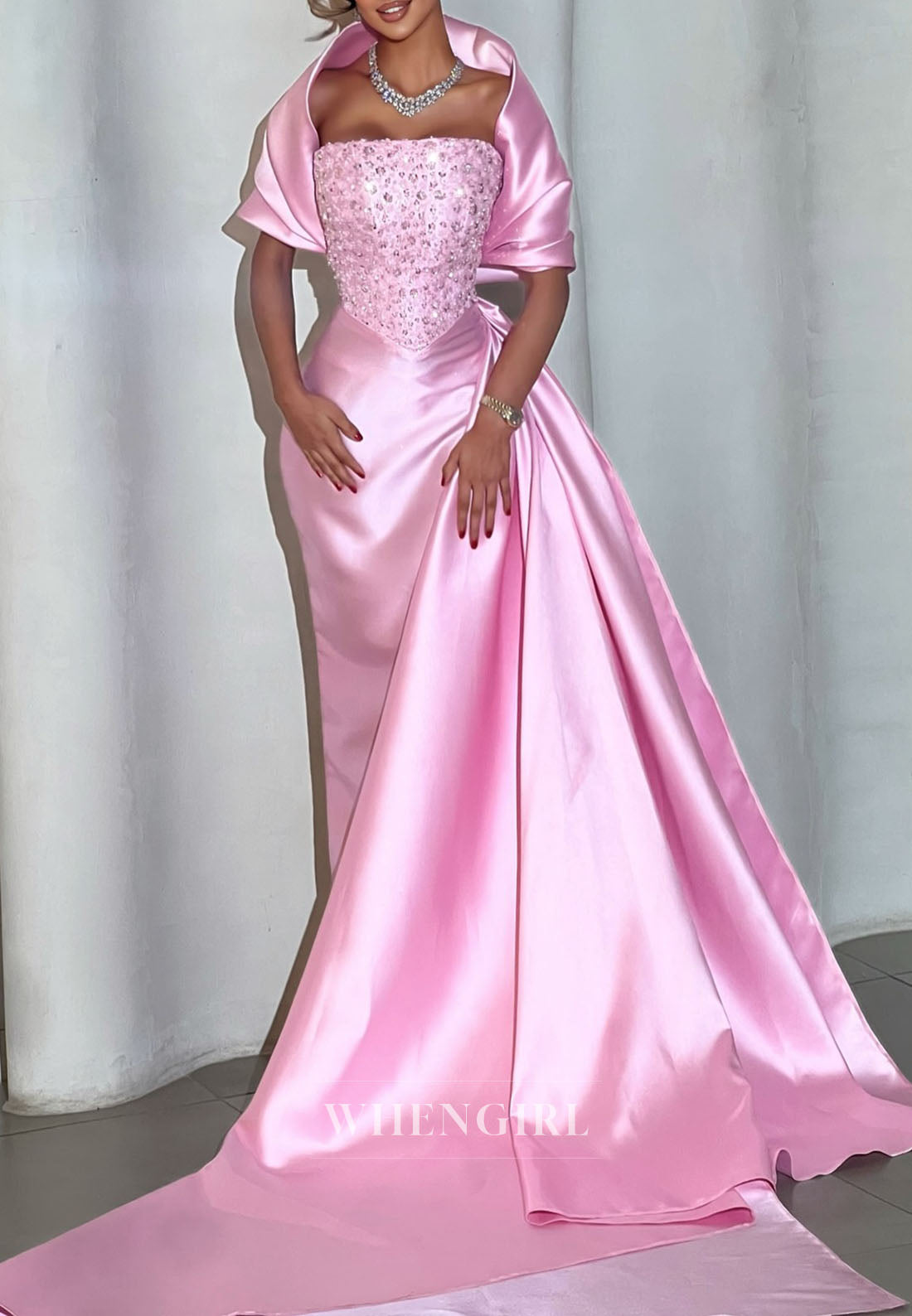 Candy Pink Sheath Beaded Strapless Side Train Satin Evening Dress with Shawl