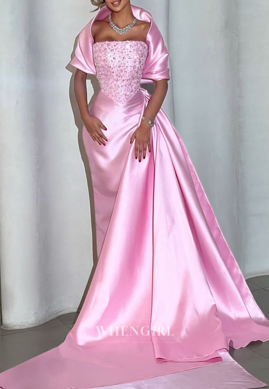 Candy Pink Sheath Beaded Strapless Side Train Satin Evening Dress with Shawl