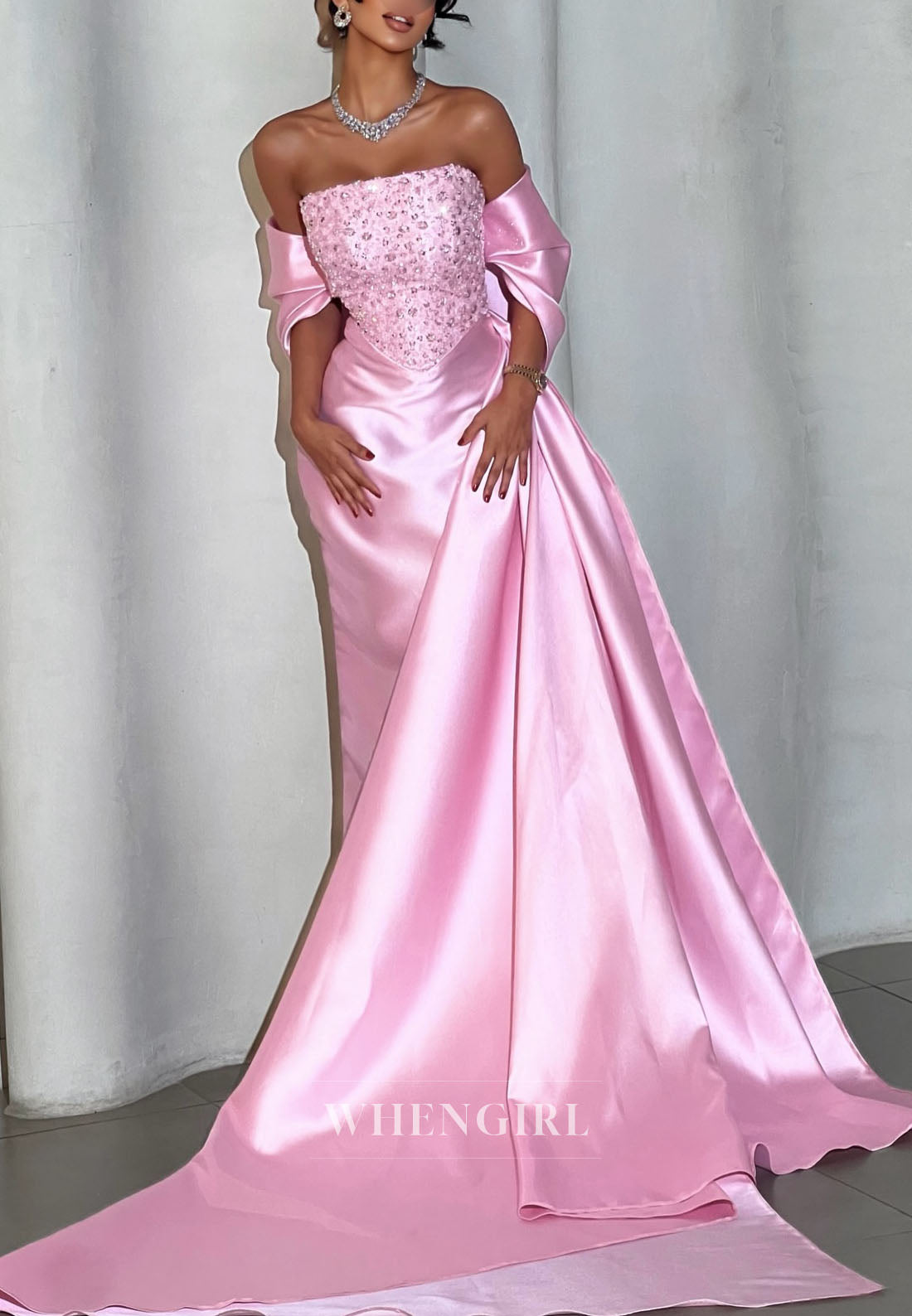 Candy Pink Sheath Beaded Strapless Side Train Satin Evening Dress with WhenGirl Candy Pink Sheath Beaded Strapless Side Train Satin Evening Dress with WhenGirl