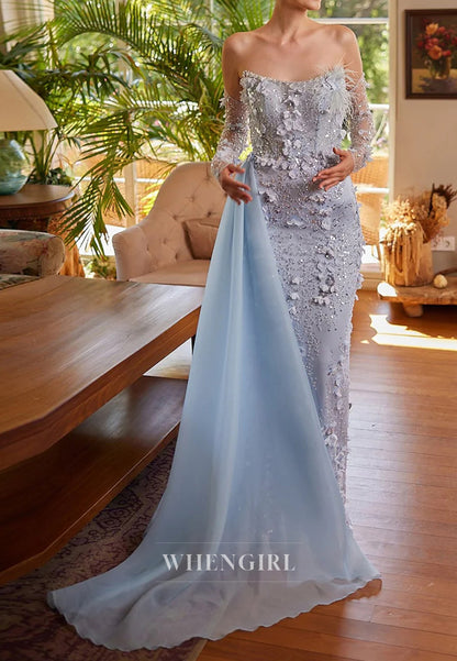 Sheath Bateau Neck Long Sleeves Appliqued Flowers Side Train Formal Evening Gown