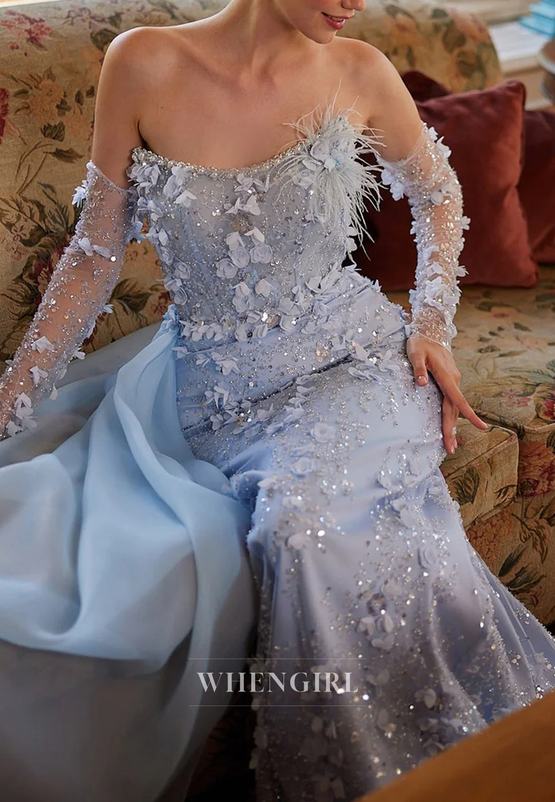Sheath Bateau Neck Long Sleeves Appliqued Flowers Side Train Formal Evening Gown