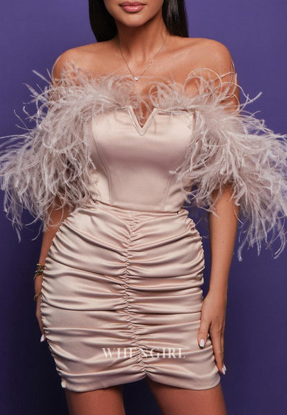 Taupe Off Shoulder Feather Pleated Satin Sheath Homecoming Dress
