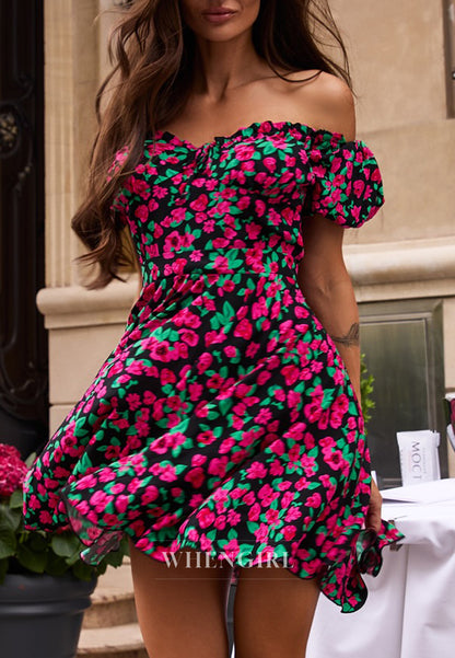 A-Line Sweetheart Off Shoulder Floral Short Homecoming Dress