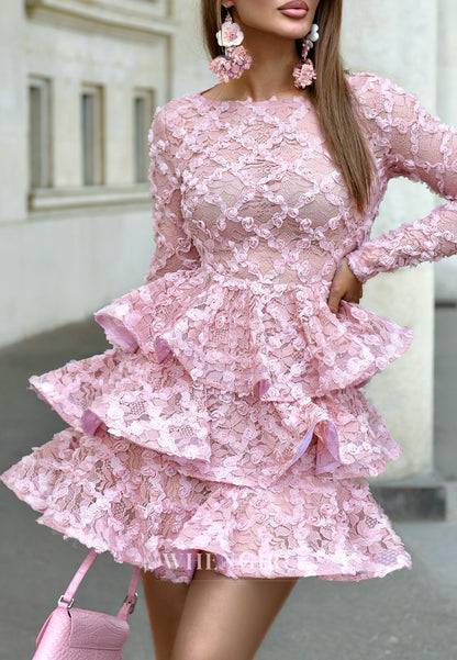 Pale Blush A-Line Long Sleeves Tiered Ruffles Floral Bateau Homecoming Dress