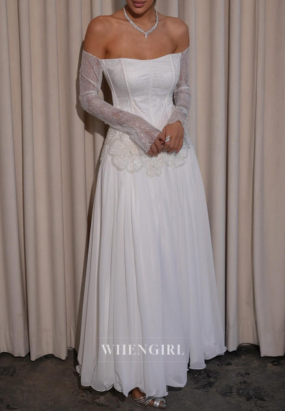 Off Shoulder Long Lace Sleeves Beaded Flowers A-Line Wedding Dress