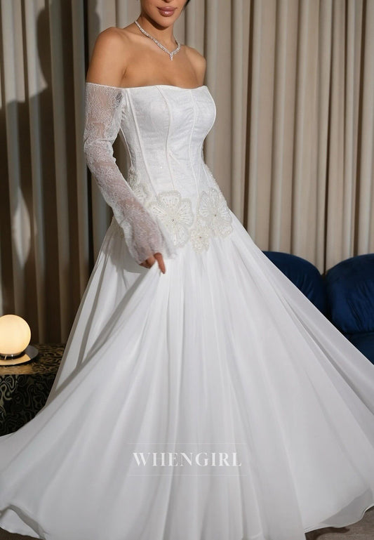 Off Shoulder Long Lace Sleeves Beaded Flowers A-Line Wedding Dress