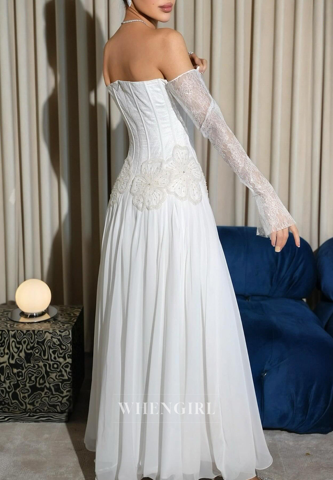 Off Shoulder Long Lace Sleeves Beaded Flowers A-Line Wedding Dress