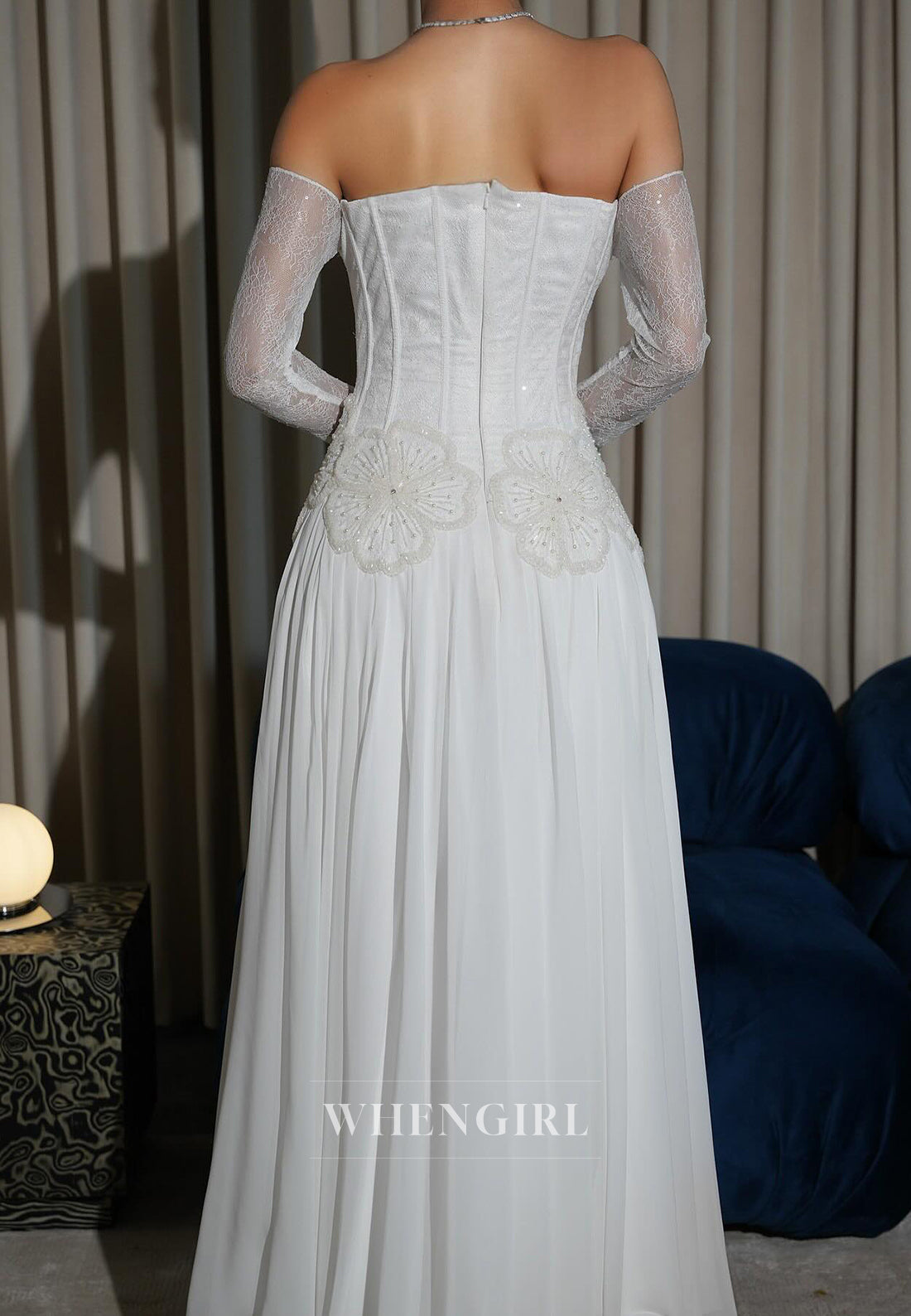 Off Shoulder Long Lace Sleeves Beaded Flowers A-Line Wedding Dress