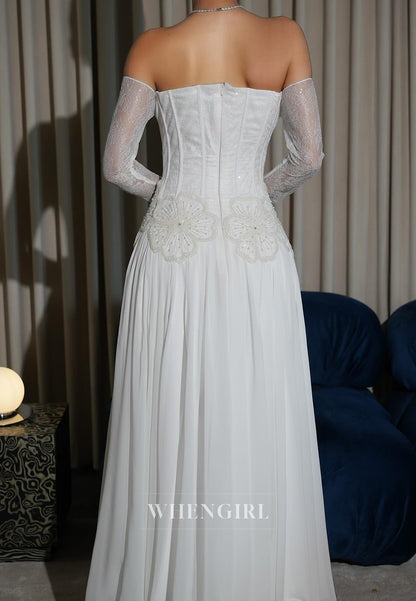 Off Shoulder Long Lace Sleeves Beaded Flowers A-Line Wedding Dress