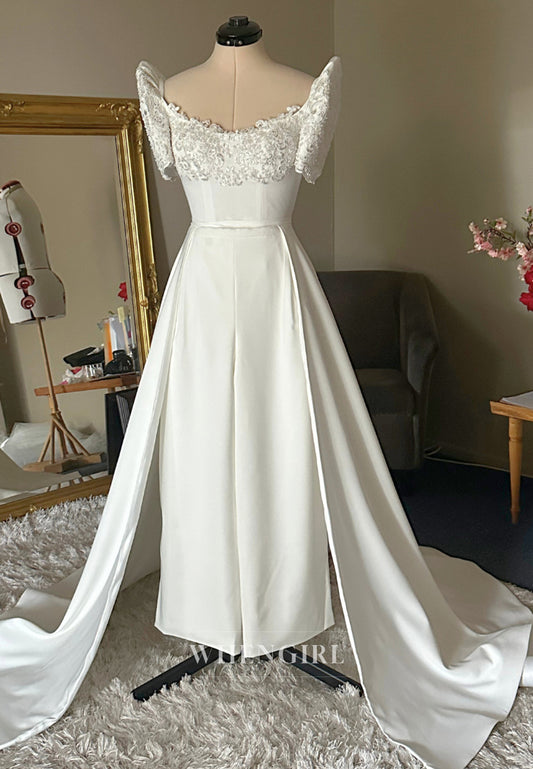 Jumpsuit Short Sleeves Scoop Neck Lace Up Wedding Dress with Court Train