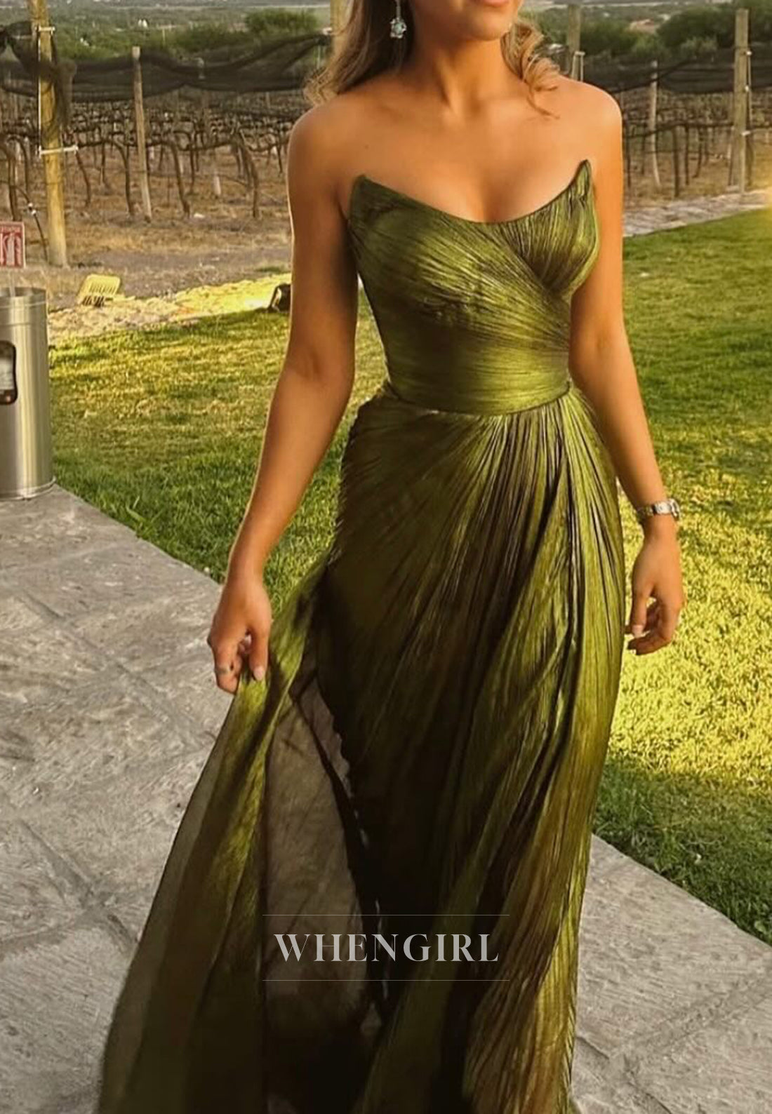 Olive Scoop Neck Sleevelss Strapless Pleated Long Formal Evening Dress