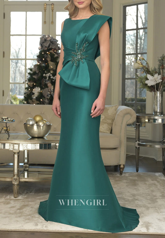 Teal Mermaid Bateau Neck Beaded Sleeveless Mother of the Bride Dress Evening Dress