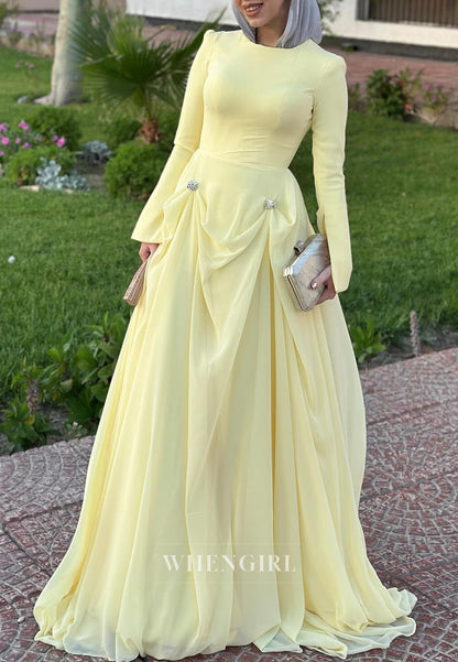 Yellow Bateau Neck Long Sleeves Beaded Ruched A-Line Evening Dress
