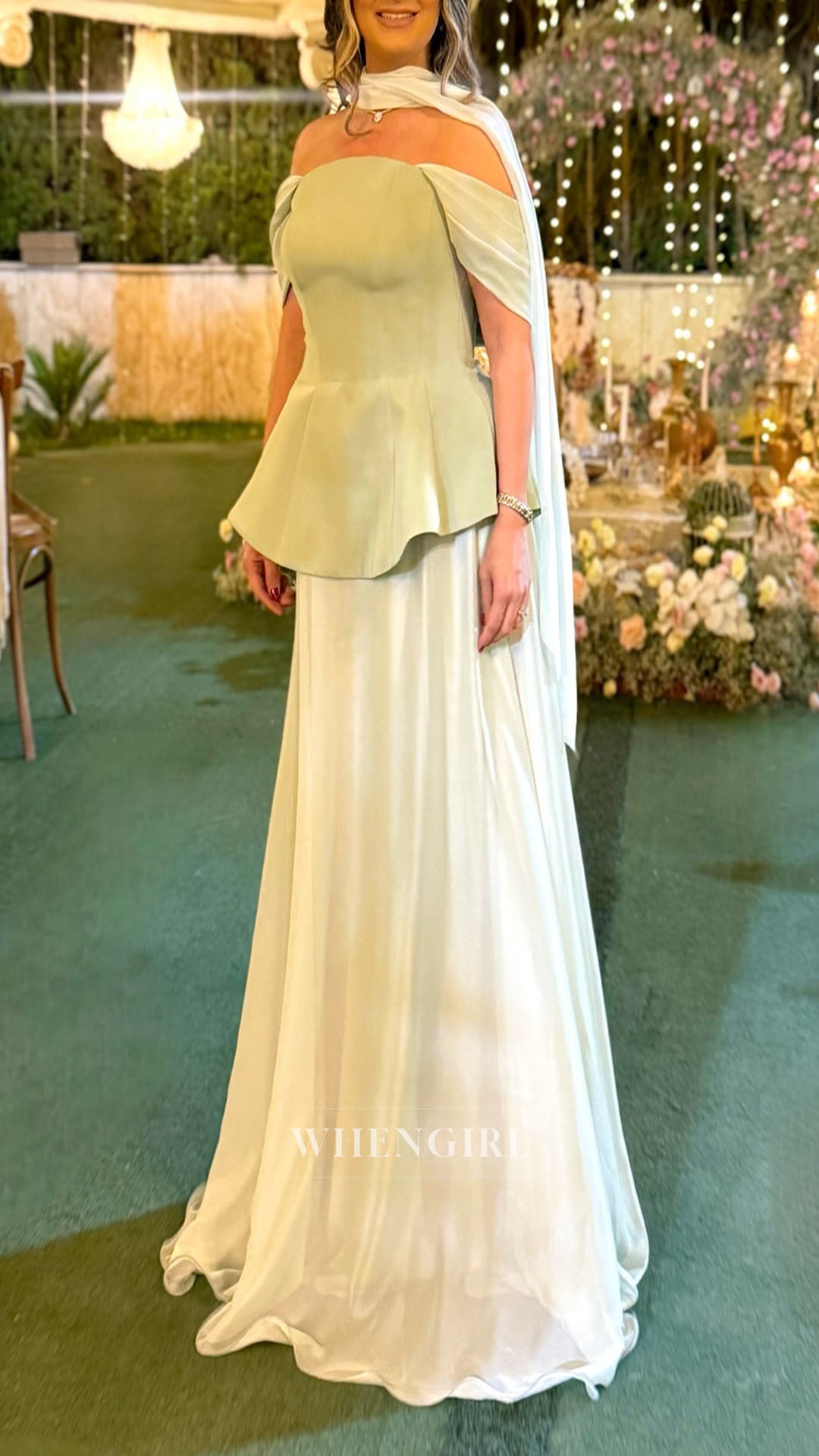 Green Off Shoulder A-Line Evening Dress with Scarf