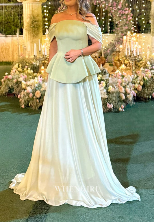 Green Off Shoulder A-Line Evening Dress with Scarf
