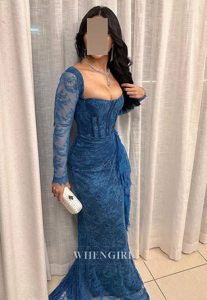 Gorgeous Long Sleeves Sweetheart Sheath Beaded Lace Parety Prom Dress with Appliques