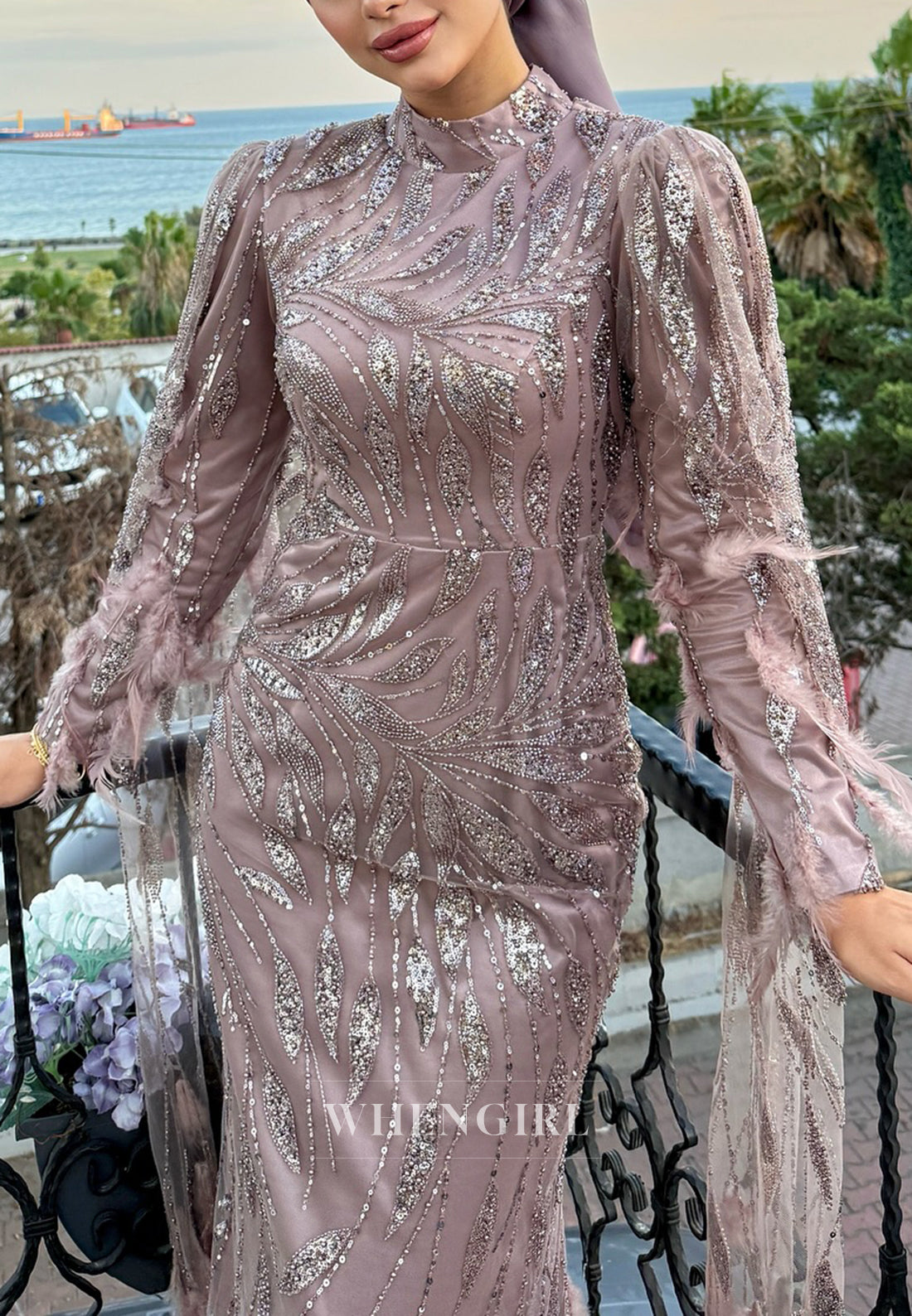 Wisteria High Neck Long Sleeves Beaded Feather Sheath Evening Formal Gown