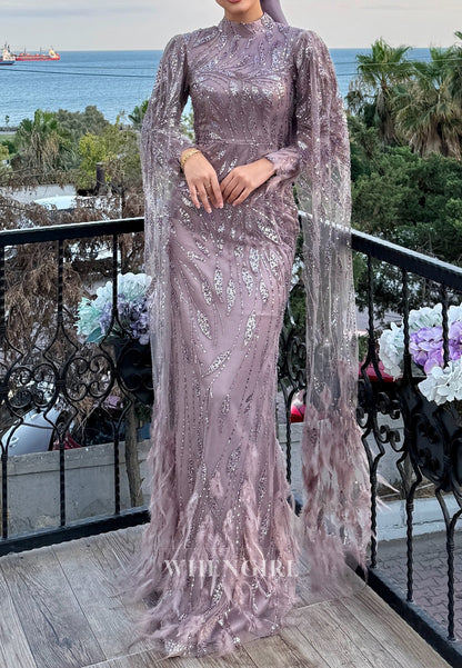 Wisteria High Neck Long Sleeves Beaded Feather Sheath Evening Formal Gown