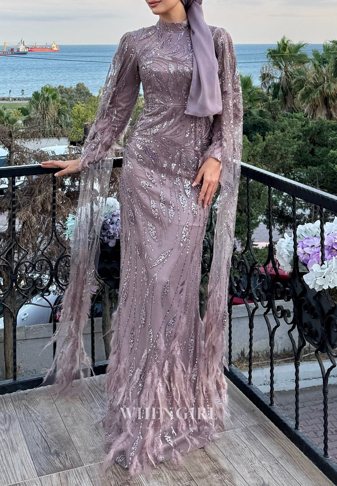 Wisteria High Neck Long Sleeves Beaded Feather Sheath Evening Formal Gown