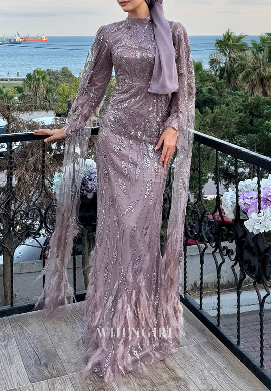Wisteria High Neck Long Sleeves Beaded Feather Sheath Evening Formal Gown