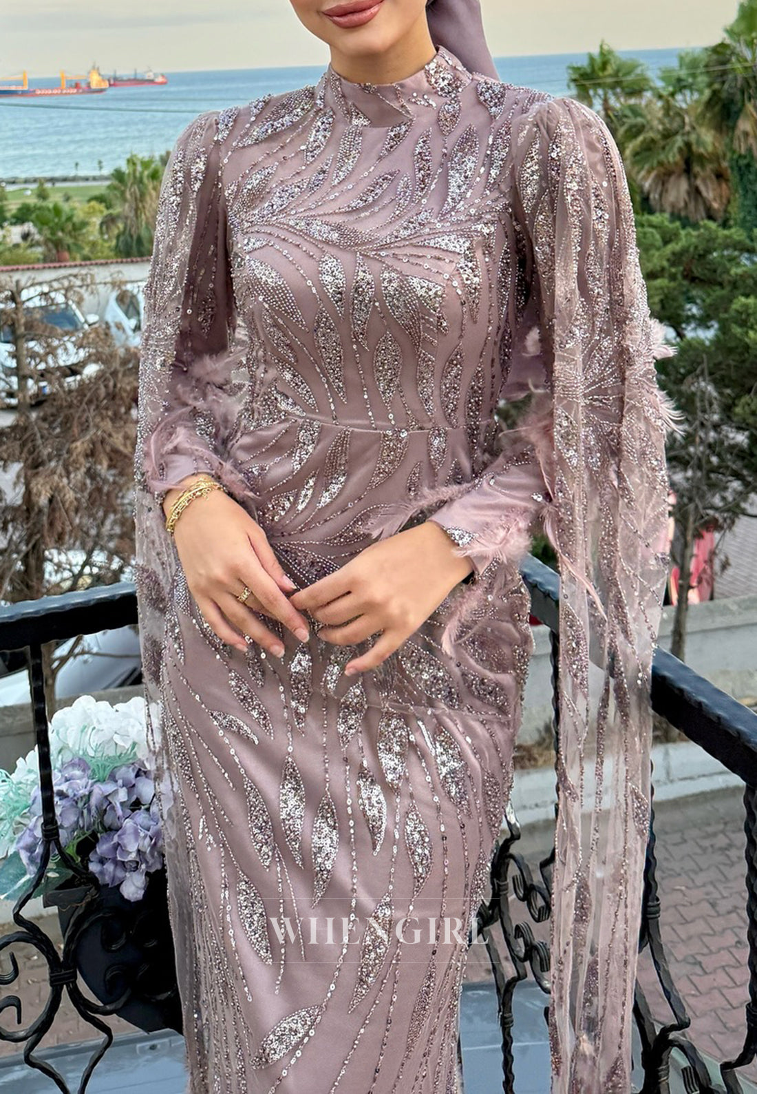 Wisteria High Neck Long Sleeves Beaded Feather Sheath Evening Formal Gown