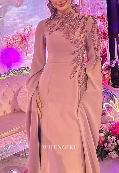 Sand High Neck Long Sleeves Beaded Floor Length Sheath Evening Formal Gown
