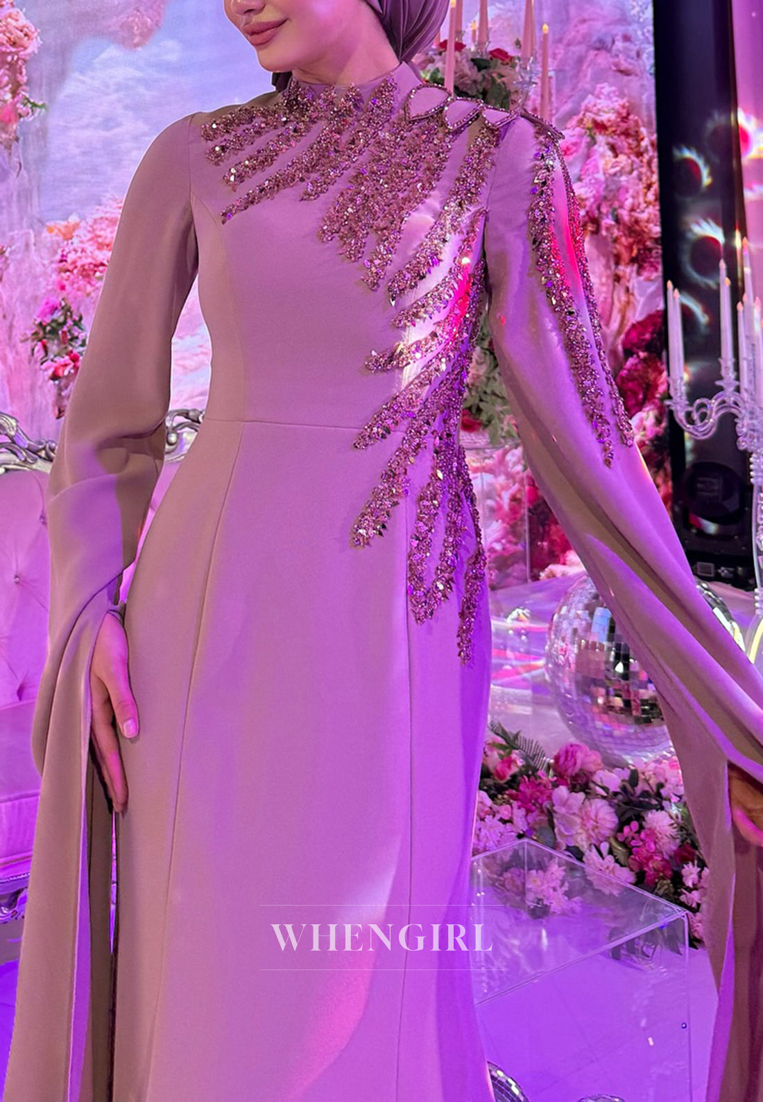 Sand High Neck Long Sleeves Beaded Floor Length Sheath Evening Formal Gown