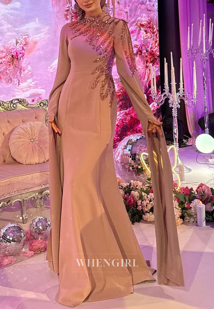 Sand High Neck Long Sleeves Beaded Floor Length Sheath Evening Formal Gown