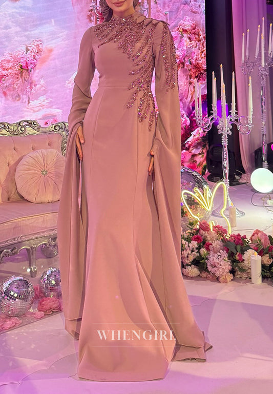 Sand High Neck Long Sleeves Beaded Floor Length Sheath Evening Formal Gown