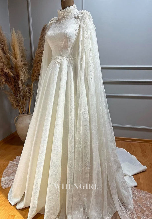 A-Line High Neck Embroidered lace Wedding Dress with Watteau Train