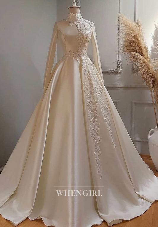 A-Line High Neck Satin Long Sleeve Wedding Dresses with Chapel Train