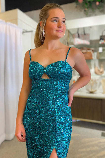 Mermaid Long Sequin Teal Prom Dress with Keyhole Straps Slit