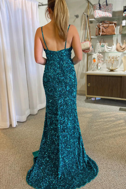 Mermaid Long Sequin Teal Prom Dress with Keyhole Straps Slit