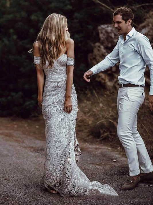 Mermaid Off-the-Shoulder Backless Ivory Lace Beach Wedding Dresses