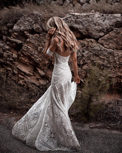 Mermaid Off-the-Shoulder Backless Ivory Lace Beach Wedding Dresses