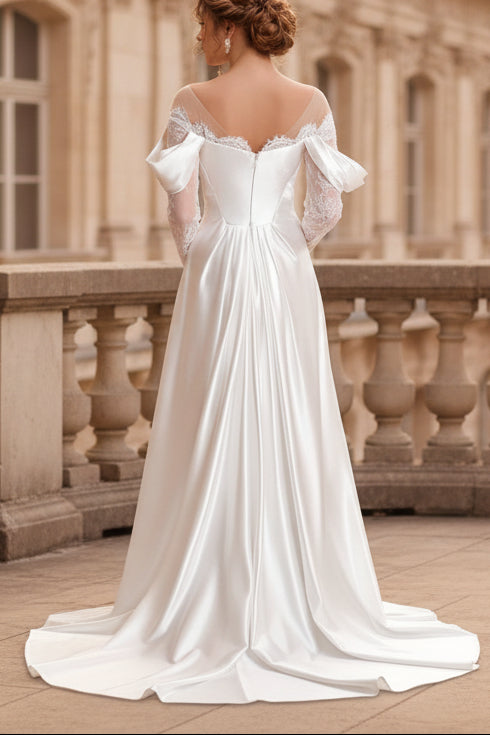 Mermaid Off-the-Shoulder Satin Lace Wedding Dress with Slit