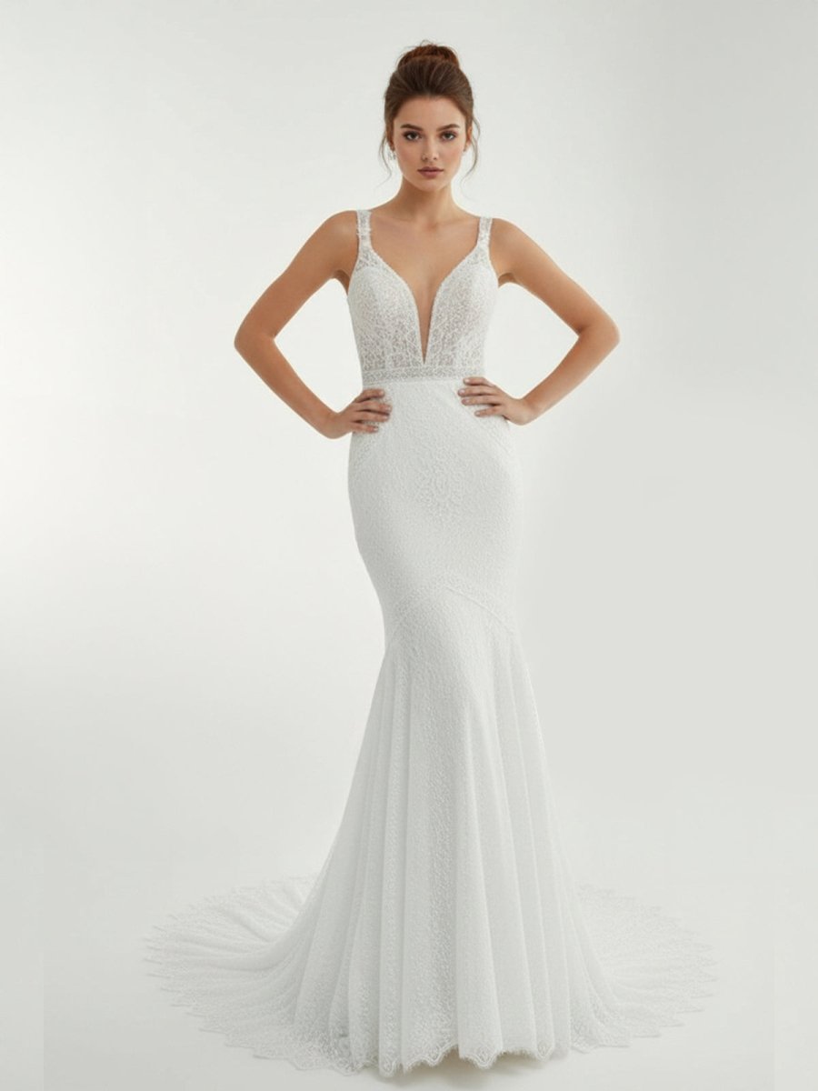Mermaid White V Neck Illusion Wedding Dress