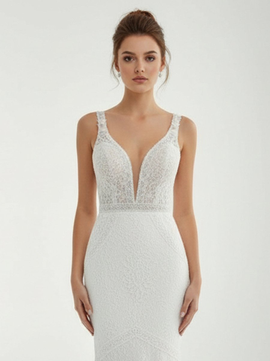 Mermaid White V Neck Illusion Wedding Dress