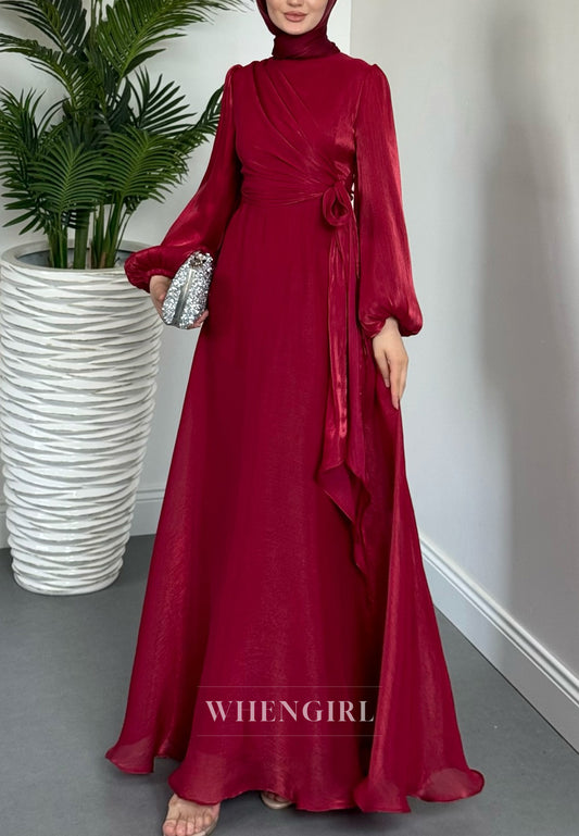 High Neck Long Sleeves A-Line Burgundy Formal Dress Pleated Long Evening Gown