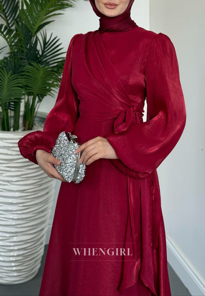 High Neck Long Sleeves A-Line Burgundy Formal Dress Pleated Long Evening Gown