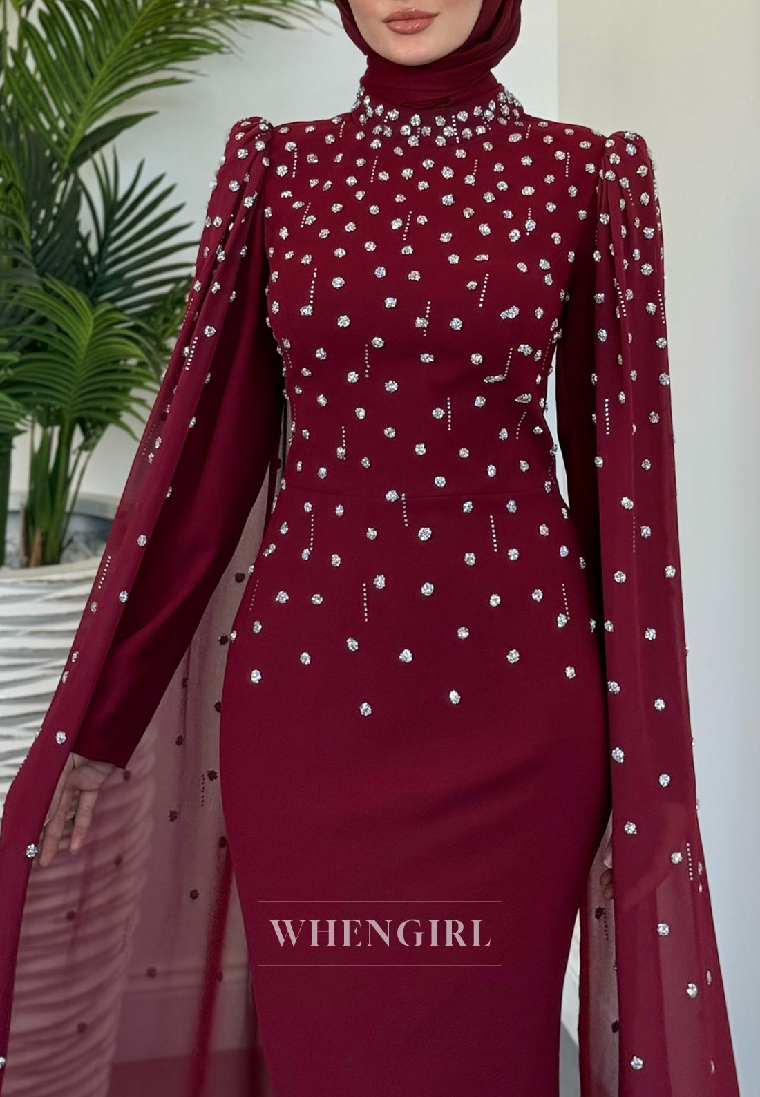 Burgundy High Neck Long Sleeves Beaded Sheath Formal Evening Dress
