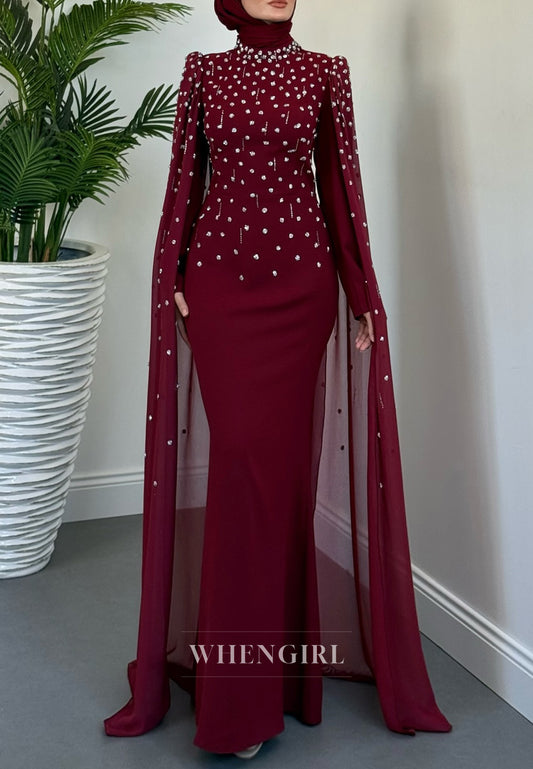 Burgundy High Neck Long Sleeves Beaded Sheath Formal Evening Dress