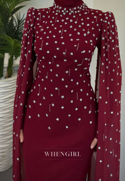 Burgundy High Neck Long Sleeves Beaded Sheath Formal Evening Dress