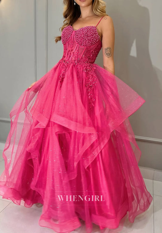 A-Line Beaded V Neck Spaghetti Straps Tulle Sleeveless Prom Dress