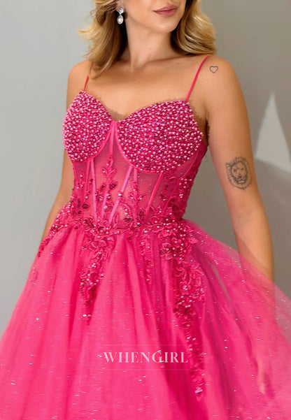 A-Line Beaded V Neck Spaghetti Straps Tulle Sleeveless Prom Dress